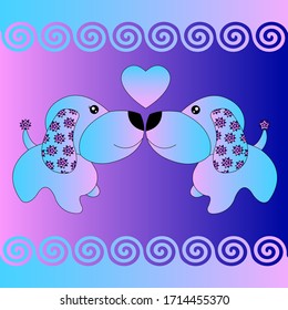 Two dogs in love on a gradient pink-blue background