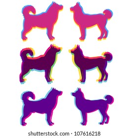 Two dogs love silhouettes set, with multicolor stereo effect