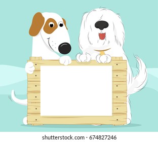 Two dogs on a blue background holding a wooden surface. Blank document for your text. Vector illustration