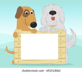 Two dogs on a blue background holding a wooden surface. Blank document for your text. Vector illustration