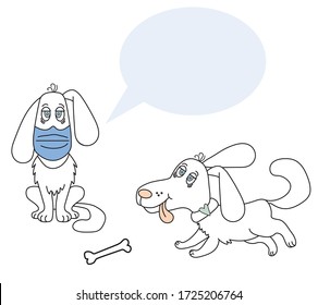 Two dogs. One sits in a mask, and the second without a mask runs after the bone. There is a place for test and information
