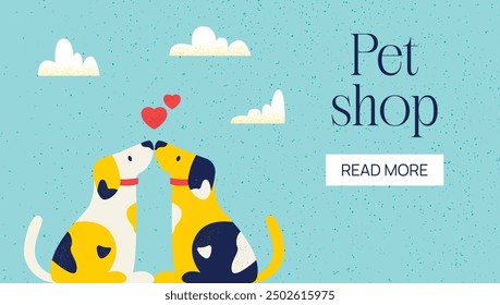 Anuncio de la tienda de mascotas de dos perros. Vector Ilustración de estilo plano de amor Corazón Perro Pareja afuera. Sitio web Concepto promocional con Botón de Web.