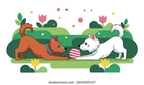 Two Dogs Playfully Stretching Toward an Easter Egg in a Spring Garden
