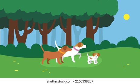 Two dogs and a puppy are walking in the park