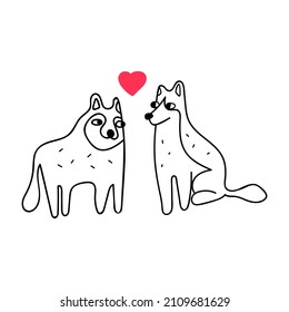 Two dogs and red heart love symbol. Vector hand drawn outline illustration on white background.