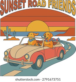 Two dogs riding in convertible car on desert road at sunset