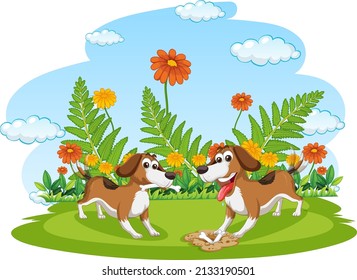 Two dogs running in the garden illustration