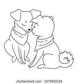 Two dogs in scarves sit sit facing each other with eyes closed. Vector illustration for coloring book, stencil, design, prints.