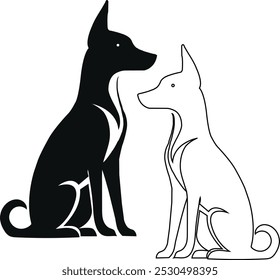 Dos Perros, Silueta de Dos Tonos. Este diseño presenta dos perros sentados en un llamativo contraste en blanco y negro, que simboliza la armonía y la dualidad.