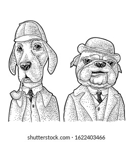 Two dogs in Sherlock Holmes and Dr. Watson appearance. Vector black engraving vintage illustrations isolated on white. Hand drawn design element for poster