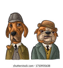 Two dogs in Sherlock Holmes and Dr. Watson appearance. Vector color engraving vintage illustrations isolated on white. Hand drawn design element for poster