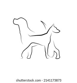 Two dogs in silhouette in linear shape. Vector template. 