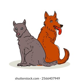 Two dogs are sitting next to each other. One of them has a tongue sticking out. The other dog is looking back. Vector hand draw illustration.