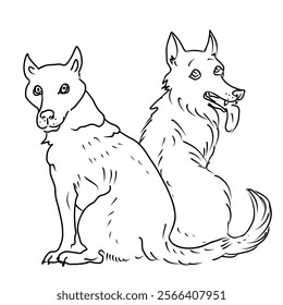 Two dogs are sitting next to each other. One of them has a tongue sticking out. The other dog is looking back. Vector hand draw illustration.