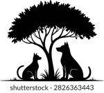 Two dogs sitting under a tree silhouette vector art transparent background