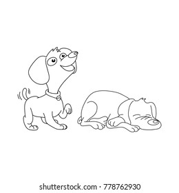 two dogs smiling and sleeping vector illustration outline sketch hand drawn with black lines isolated on white background
