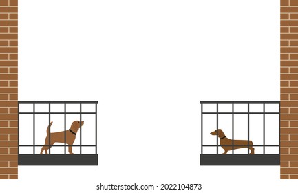 Two dogs stand on opposite balconies on a white background