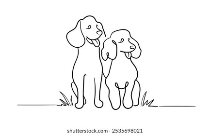 Dos perros juntos aislados sobre fondo blanco. Esquema de animales. Ilustración vectorial	