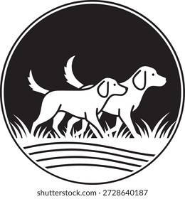 Dois cães caminhando no logotipo circular grama alta