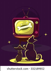 Two dogs watching TV. Retro TV. Vector