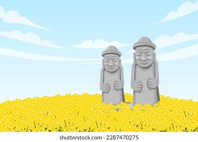 Two Dol hareubang in the middle of canola field