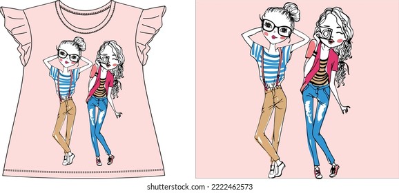 two doll with camera t shirt graphic design vector illustration 
