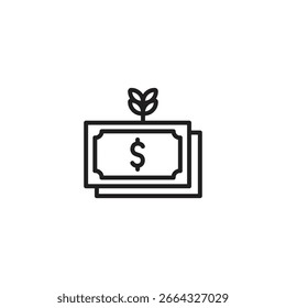 Notas de dois dólares com uma planta pequena brotando do topo. Simboliza o crescimento financeiro, o investimento ou o crescimento do dinheiro.