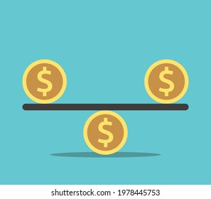 Two dollar coins on seesaw weight scale balanced on another coin. Greed, injustice, corruption, values and budget concept. Flat design. EPS 8 vector illustration, no transparency, no gradients svg