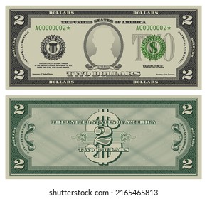 Two dollars banknote. Gray obverse and green reverse fictional US paper money in style of vintage american cash. Frame with guilloche mesh and bank seals. Jefferson svg