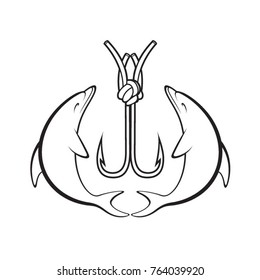 two dolphin and fishing hook icon in black outline-vector drawing