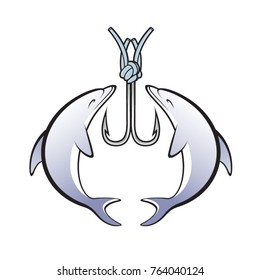 two dolphin and fishing hook icon in color-vector drawing