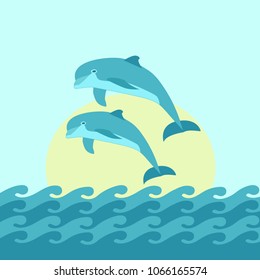 Two Dolphin jumping blue sea background with waves and Sun. Vector illustration. Season design