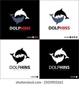 Two Dolphin jumping sealife silhouette logo set design template