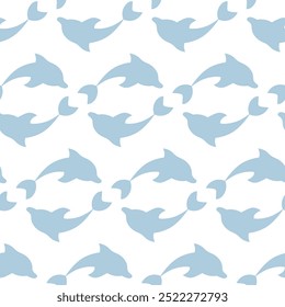 Two dolphin silhouettes circling in a circle. Repeating vector pattern. Endless ornament of a pair of blue sea mammals. Isolated colorless background. Flat style. Ocean inhabitant. Web design idea.