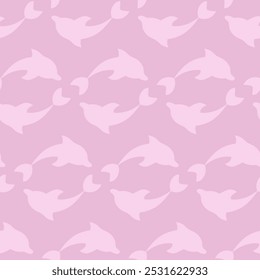 Two dolphin silhouettes circling in a circle. Repeating vector pattern. Endless ornament of a pair of white sea mammals. Isolated pink background. Flat style. Ocean inhabitant. Web design idea.