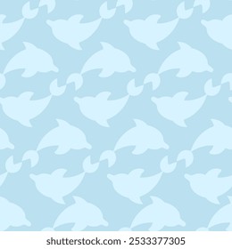 Two dolphin silhouettes circling. Repeating vector pattern. Continuous ornament of a pair of white sea mammals. Isolated blue background. Flat style. Ocean inhabitant. Web design idea.