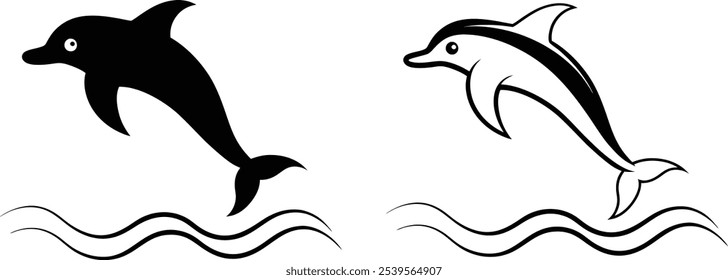 Two Dolphin Silhouettes Leaping Through Waves
