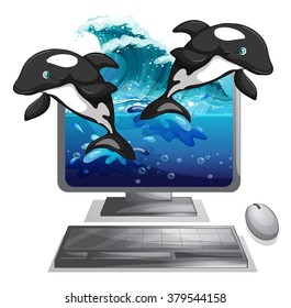 Two dolphines jumping out of computer screen illustration
