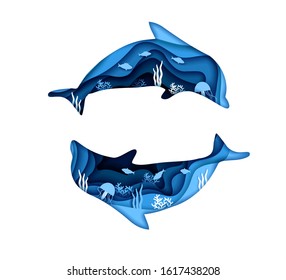 Two dolphins blue silhouette isolated on white background. Vector illustration design in paper cut style. Fish and underwater sea life double exposure