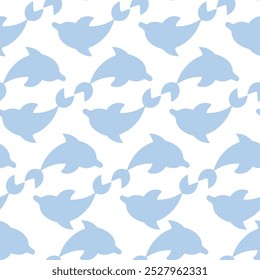 Two dolphins circling in a circle. Repeating vector pattern. Continuous ornament of a pair of blue sea mammals. Isolated colorless background. Flat style. Ocean inhabitant. Idea for web design.