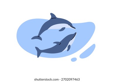 Dois golfinhos. Ilustrações de vetor planas isoladas no plano de fundo de ondas azuis. Animais aquáticos oceânicos selvagens. Dois bonitos Mammal animal, golfinhos nadar no mar