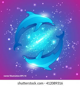 Two dolphins floating in space.