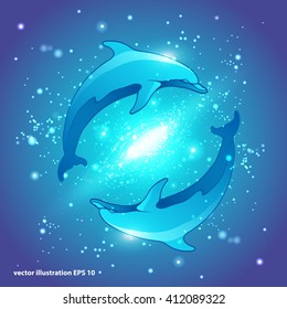 Two dolphins floating in space.