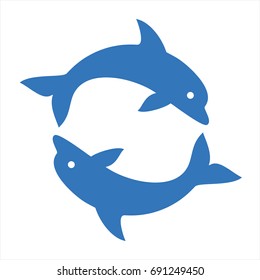 Two dolphins form a circle, marine logo, ocean life, tourism symbol, blue color, simple flat vector illustration isolated on white background