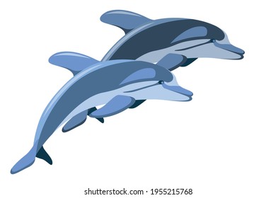 Two dolphins in the grip. Illustration of the ocean and sea underwater world. Clipart. Vector illustration