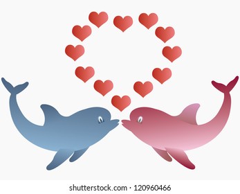 Two dolphins and hearts