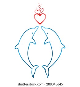 Two dolphins jumping in love with hearts