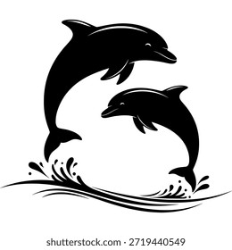 Dos delfines saltando del agua de una manera juguetona y sincronizada, representados en un simple diseño de silueta negra.