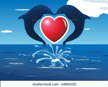 two dolphins jumping out of water and kissing