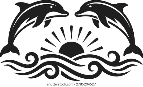 Two dolphins jumping over waves with sun rising graphic ocean waves silhouette